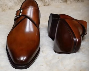 Men’s Handmade Turkish Brown Leather Monk Strap Shoes – Slip-On Formal Style