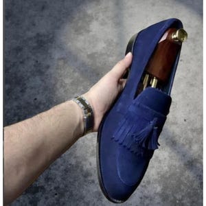 Handmade Blue Suede Leather Loafers for Men with Tassels