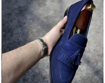 Handmade Blue Suede Leather Loafers for Men with Tassels