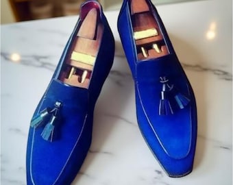 Mocasines de piel azul rey hechos a mano para hombre: zapatos formales de ante