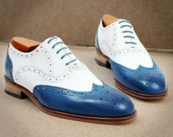 Men's Handmade Two Tone White & Blue Oxford Spectator Brogue Leather Shoes