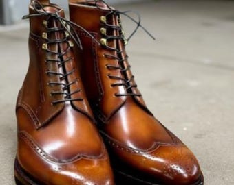 Men’s Handmade Leather Wingtip Brogue Boots – High Ankle Derby Lace-Up