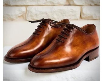 Handmade Men’s Tan Leather Oxford Shoes – Formal Wholecut Design