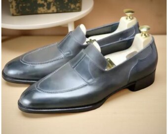 Herren handgefertigte graue Loafer Leder Mokassin Bürokleid Schuhe