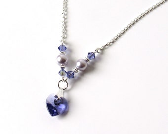 Girls Purple Necklace, Girls Heart Charm Necklace, Flower Girl Necklace, Kids Jewelry, Crystal Necklace, Childrens Jewelry, Girls Jewelry