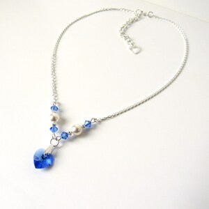 Sapphire Necklace for Girls, Heart Necklace, September Birthstone Necklace, Girls Jewelry, Childrens Jewelry, Pearl and Crystal Jewelry