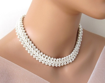 Pearl Choker Statement Necklace Multi Strand, WHITE OR IVORY Pearl, Pearl Choker Bridal, Pearl Choker Wedding, Pearl Jewelry Gift for Her