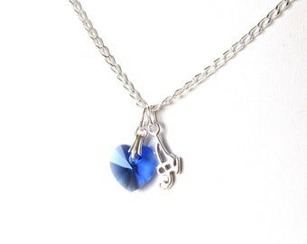 September Birthstone Necklace for Girls, Sterling Silver Initial Necklace, Kids Jewelry, Heart Necklace, Sapphire Crystal Pendant Necklace