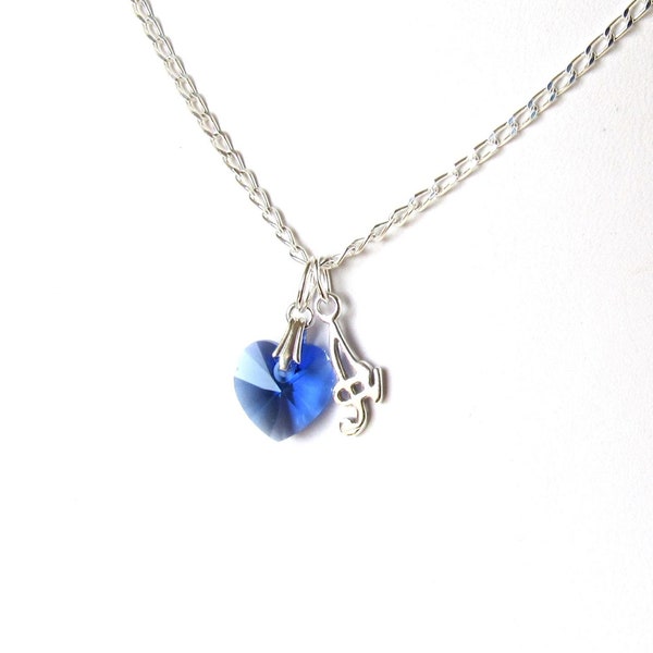 September Birthstone Necklace for Girls, Sterling Silver Initial Necklace, Kids Jewelry, Heart Necklace, Sapphire Crystal Pendant Necklace