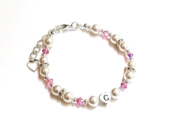 Personalized Baby Bracelet Girl, Birthstone Bracelet with Sterling Silver Letter Charm, Child Jewelry, Toddler Jewelry Gift For Baby Girl