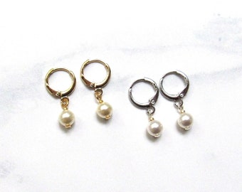 Pearl Hoop Earrings 14K Gold OR Silver, Huggie Hoops, Small Mini Pearl Hoop Earrings, Small Pearl Hoops, Minimalist Earrings with Pearls