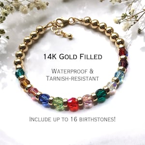 May include: A gold-filled bracelet with colorful birthstones. The bracelet features gold beads and a variety of faceted, colorful crystals. Text on the image reads "14K Gold Filled", "Waterproof & Tarnish-resistant", and "Include up to 16 birthstones!"