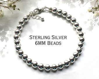 Sterling Silver Bead Bracelet With Clasp, 6MM Bead Bracelet Adjustable, Layering Stackable Stack Bracelet for Women, Silver Ball Bracelet