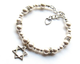 Star of David Bracelet Pearl, Jewish Bracelet, Bat Mitzvah Gift, Jewish Gift, Jewish Jewelry, Jewish Star Bracelet, Gift for Girls Bracelet