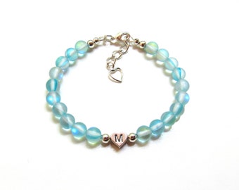 Turquoise Blue Iridescent Bracelet, Personalized Bracelet for Girls, Mermaid Matte Glass Bracelet Glowing Bead Bracelet Mystic Aura Bracelet