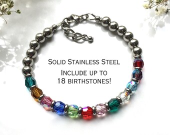 Stainless Steel Grandma Bracelet, Family Birthstone Bracelet, Mothers Bracelet, Multiple Birthstone Jewelry, Mom Grandma Mother's Day Gift