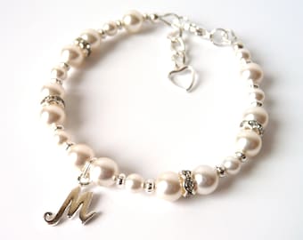 Flower Girl Bracelet, Initial Bracelet Personalized Bracelet for Girls, Pearl Bracelet, Sterling Silver Charm Bracelet, Flower Girl Proposal