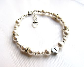 Flower Girl Proposal Gift Bracelet Personalized, CHOICE Of Charm, Sterling Silver Initial Charm Bracelet, Pearl Bracelet for Flower Girl