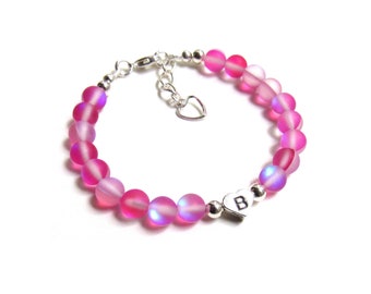 Pink Iridescent Bracelet, Personalized Bracelet for Girls, Mermaid Glass Bracelet, Frosted Glowing Bead Bracelet, Mystic Aura Bracelet,