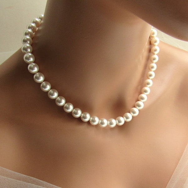 Chunky Pearl Necklace, Large 10MM Pearls, Backdrop Necklace, White Pearl or Ivory Pearl, Big Pearl Choker Necklace One Strand Pearl Necklace