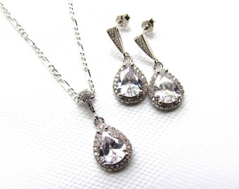 Bridal Jewelry Set, Silver Dainty Teardrop Pendant Necklace and Earring Set Sterling Silver Wedding Jewelry Cubic Zirconia Teardrop Necklace