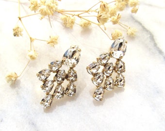 Gold Cluster Earrings, Crystal Bridal Earrings, Art Deco Earrings, Vintage Style, Wedding Earrings, Clear Crystal Bridal Jewelry