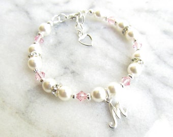 Personalized Birthstone Initial Bracelet for Girls, Choice of Charm-Birthstone-Size, Sterling Silver Birthstone Jewelry Granddaughter Gift
