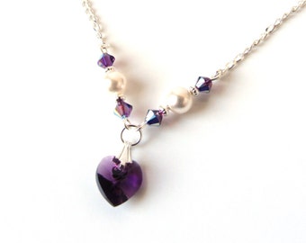 Amethyst Heart Necklace for Girls, Flower Girl Gift, Crystal Heart Necklace, WHITE or IVORY Pearl, Sterling Silver, Gift for Flower Girl