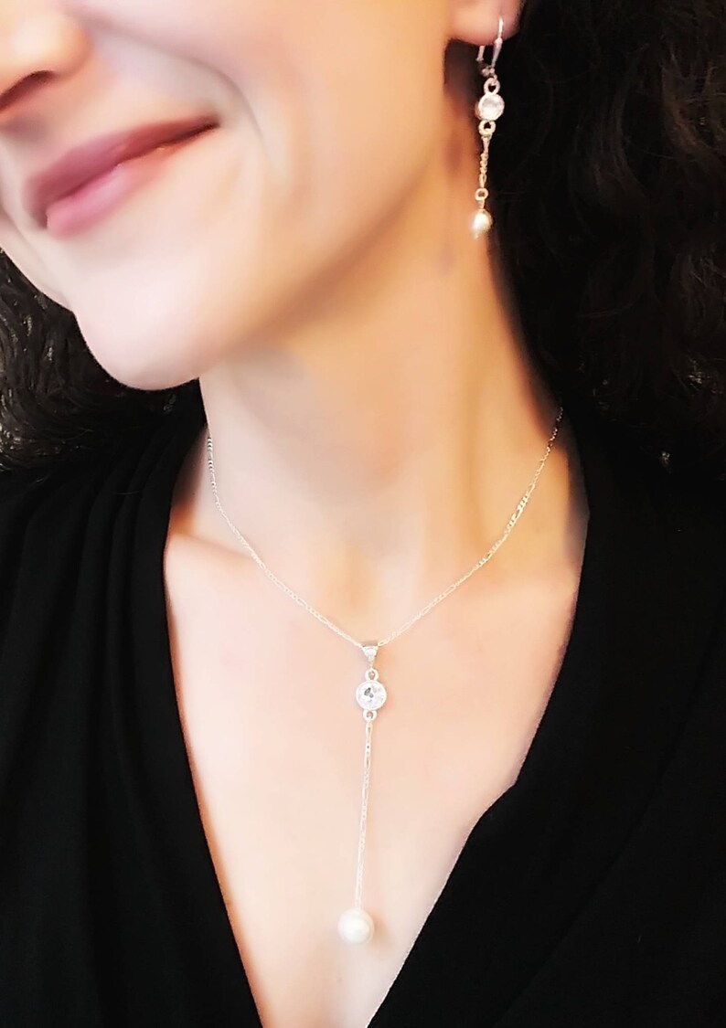 Y Drop Necklace Lariat Necklace Crystal with Pearl Drop Lariat Necklace Wedding Lariat Necklace Chain Y Necklace Silver Lariat Necklace