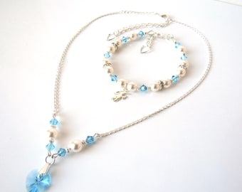 Aquamarine Necklace Bracelet Set, Personalized Jewelry for Girls, March Birthstone Jewelry Set, Childrens Jewelry, Crystal Heart Necklace