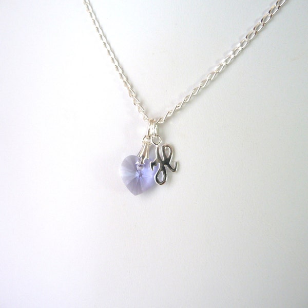 Girls Initial Necklace, Kids Personalized Jewelry, Violet Crystal Heart Necklace, Childrens Jewelry, Kids Necklace, Sterling Silver