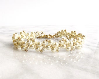 Pearl Bracelet, Pearl Bracelet Bridesmaid, Pearl Bracelet Wedding, Ivory Pearl Bracelet Gold, White Pearl Bracelet, Pearl Bridesmaid Jewelry