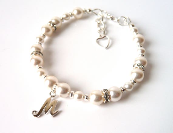 Flower Girl Bracelet, Initial Bracelet Personalized Bracelet for Girls, Pearl Bracelet, Sterling Silver Charm Bracelet, Flower Girl Proposal