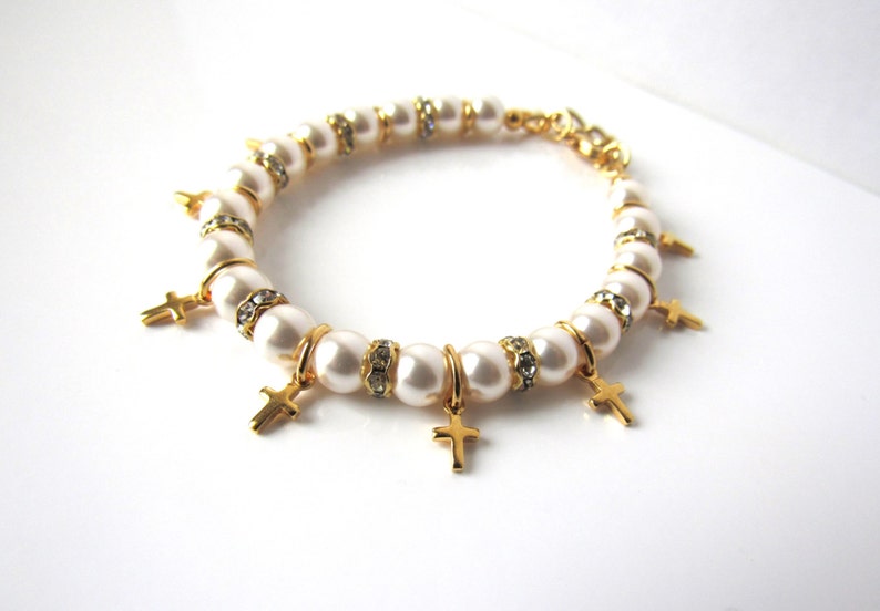 Gold Cross Bracelet, First Communion Gift for Girls, Girls Bracelet, Pearl Bracelet, CHOOSE SIZE COLOR, First Communion Girl, Girls Jewelry image 4