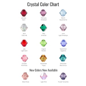 May include: A chart showing different crystal colors for each month of the year. The chart includes crystals like Siam, Amethyst, Aquamarine, Emerald, Light Amethyst, Peridot, Sapphire, Topaz, and Blue Zircon. New colors available include Blush Rose, Light Pink, and Purple Tanzanite.
