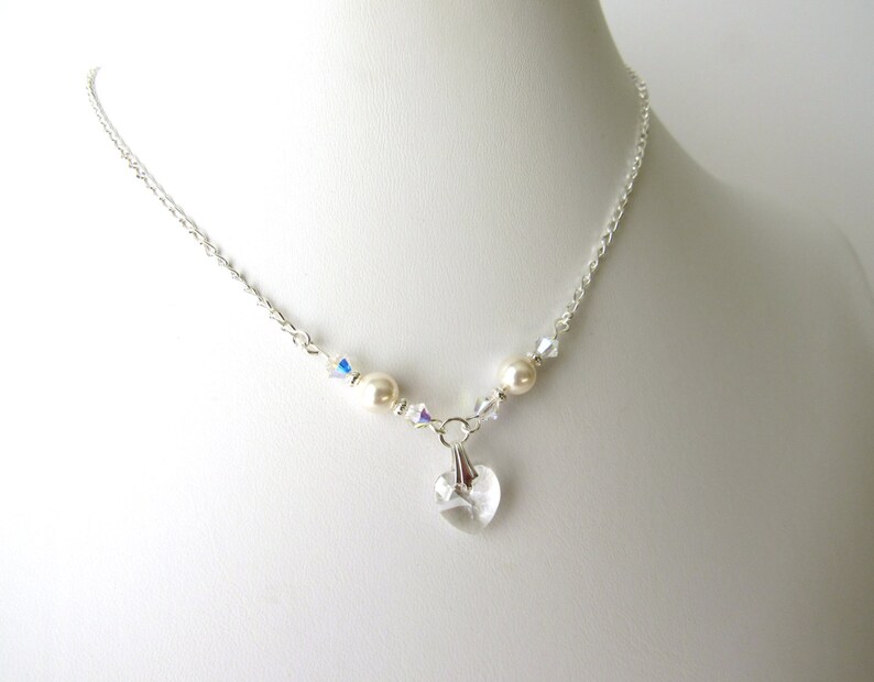 Heart Charm Necklace for Girls, Choice of Length, Girls Pearl Necklace, Kids Jewelry, Childrens Jewelry, Clear Crystal Necklace for Girls image 1