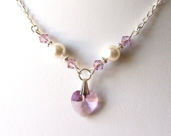 Light Amethyst Necklace for Girls, Crystal Heart Necklace, Sterling Silver, Flower Girl Gifts, Childrens Jewelry, WHITE or IVORY Pearl