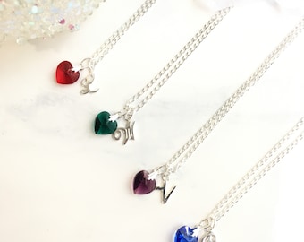 Personalized Necklace for Girls, Birthstone Necklace, Sterling Silver Initial Charm Necklace, Heart Shaped Birthstone Letter Necklace