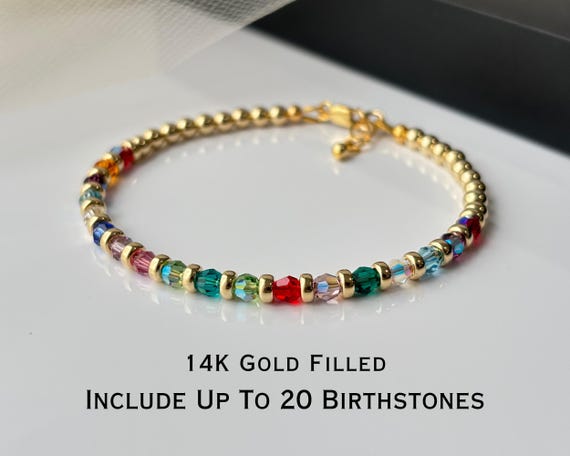Dainty 14K Gold Filled Custom Family Birthstone Bracelet, Mothers Grandma Bracelet Multi Stone Jewelry, Meaningful Mothers Day Gift For Wife