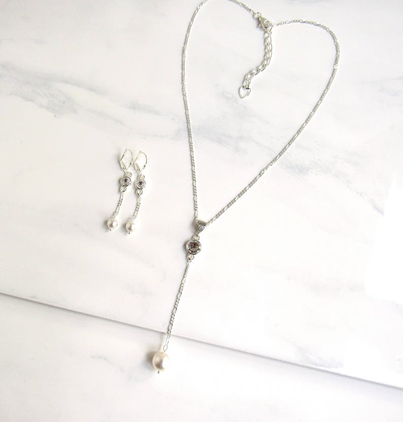 Y Drop Necklace Lariat Necklace Crystal with Pearl Drop Lariat Necklace Wedding Lariat Necklace Chain Y Necklace Silver Lariat Necklace