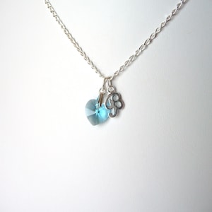 May include: A silver necklace with a light blue crystal heart and a silver paw print charm.