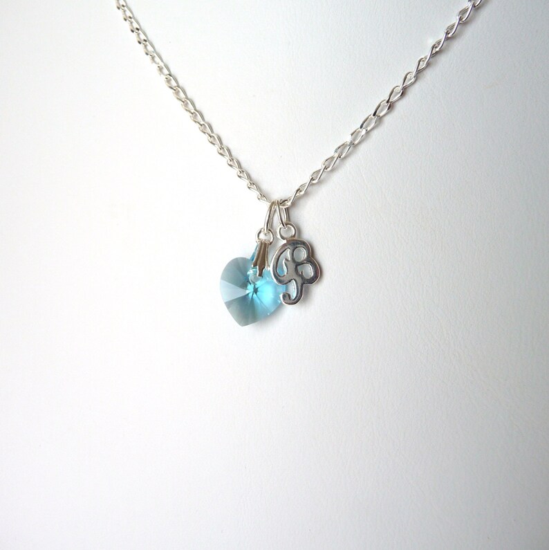May include: A silver necklace with a light blue crystal heart and a silver paw print charm.