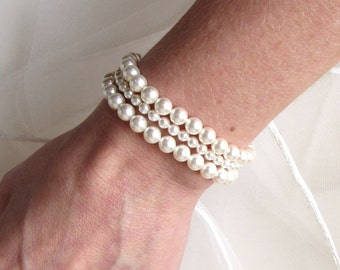 3 Strand Pearl Bracelet, WHITE or IVORY Pearl, Pearl Cuff Bracelet, Multi Strand Pearl Bracelet, Gift for Wife Girlfriend, Bridal Bracelet