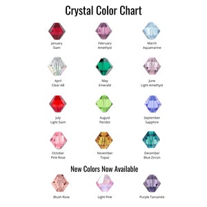 May include: A chart showing different crystal colors for each month of the year. The chart includes crystals like Siam, Amethyst, Aquamarine, Emerald, Light Amethyst, Peridot, Sapphire, Topaz, and Blue Zircon. New colors available include Blush Rose, Light Pink, and Purple Tanzanite.