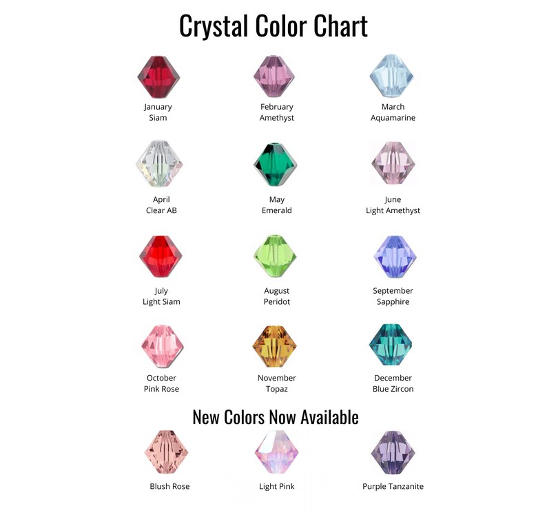 May include: A chart showing different crystal colors for each month of the year. The chart includes crystals like Siam, Amethyst, Aquamarine, Emerald, Light Amethyst, Peridot, Sapphire, Topaz, and Blue Zircon. New colors available include Blush Rose, Light Pink, and Purple Tanzanite.