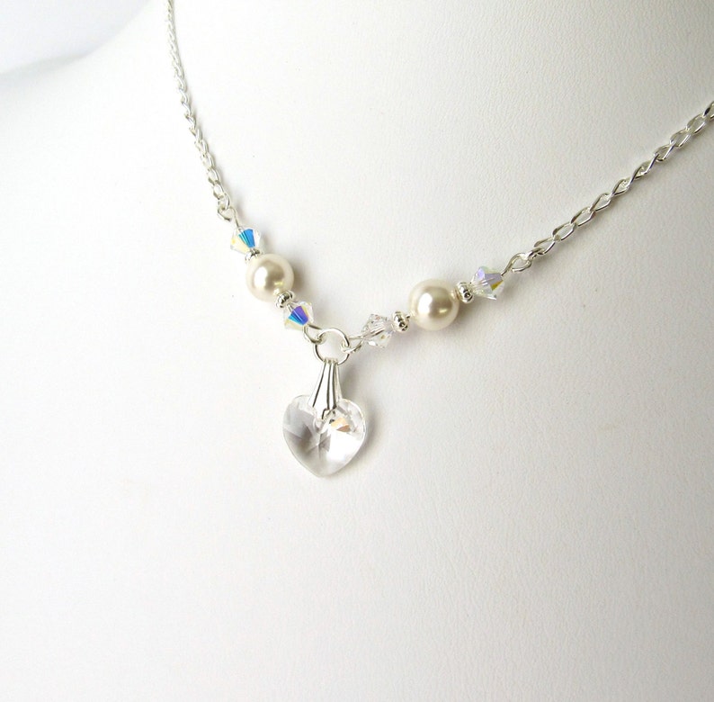 Heart Charm Necklace for Girls, Choice of Length, Girls Pearl Necklace, Kids Jewelry, Childrens Jewelry, Clear Crystal Necklace for Girls image 2