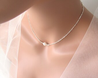 Single Pearl Choker Necklace Sterling Silver, 10MM Pearl, Choice of Length, Gift for Her, Maid of Honor Gift, Floating Pearl Necklace