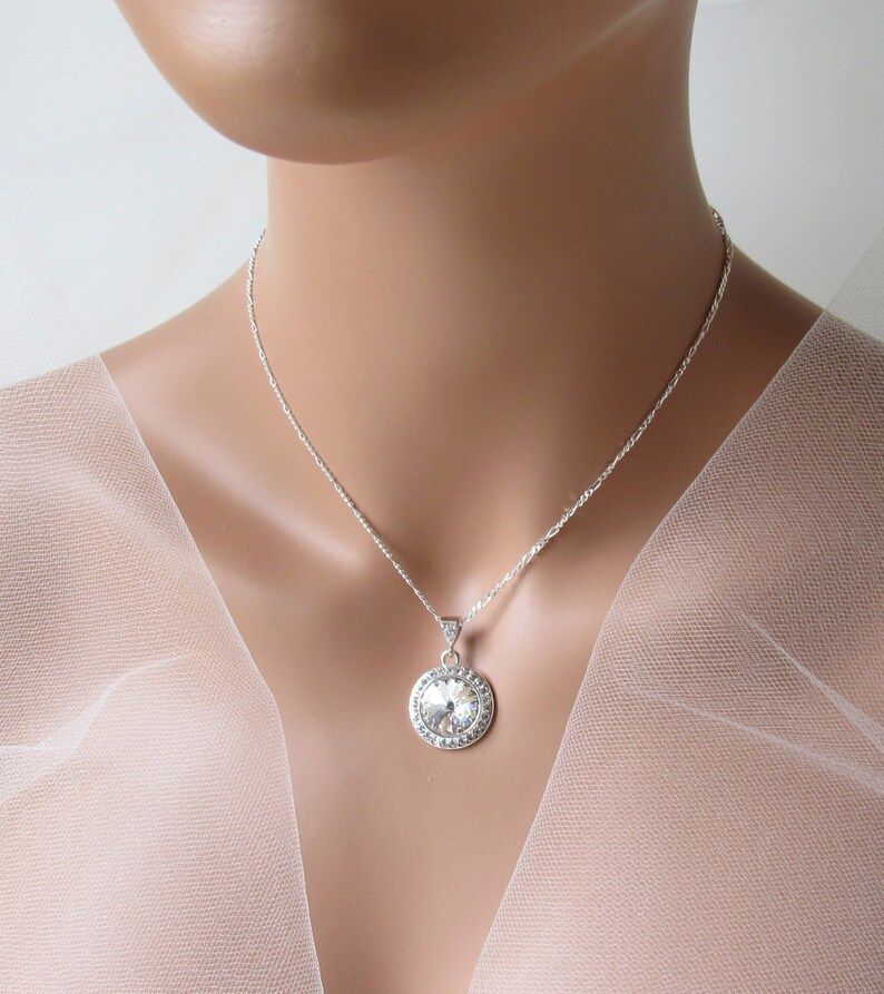 Clear Crystal Necklace, Round Pendant Necklace, Choice of Length, Sterling Silver Necklace, Gift for Wife Gift for Girlfriend Gift for Her image 3