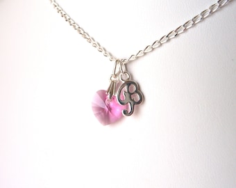 Heart Birthstone Necklace, Sterling Silver Initial Necklace, Valentines Day Gift for Her, Personalized Jewelry, Pink Heart Necklace