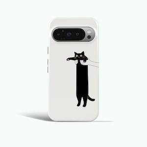 May include: White phone case featuring a black cartoon cat with yellow eyes and a long body. The cat is being held by a hand. The phone case has a camera and flash.